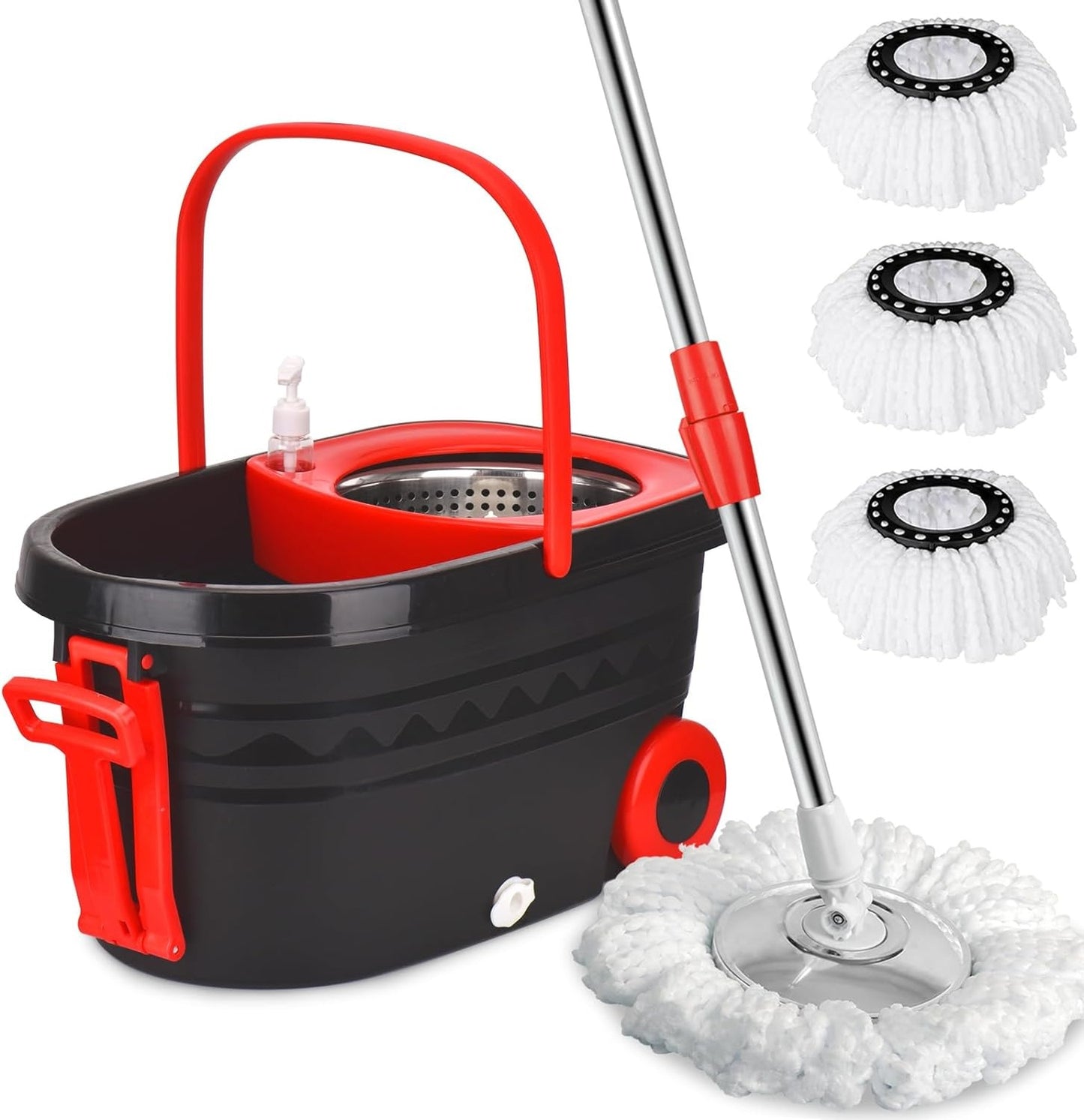 Spin Mop And Bucket With Wringer Set On Wheels, 360 Spinning Mop With Stainless Steel Handle For All Hard Surfaces, Floor Cleaning System With 3 Microfiber Replacement Heads Rusoft Innovation