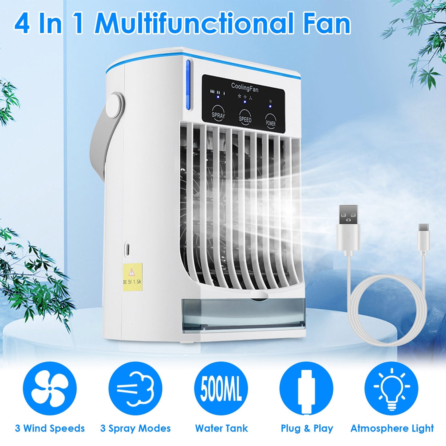 Portable Air Conditioner Fan Evaporative Humidifier 3 Speed Spray Personal Cold Mist Air Cooler Desk Table Fan Water Tank Night Light Adjustable Angel Room Home Office Rusoft Innovation