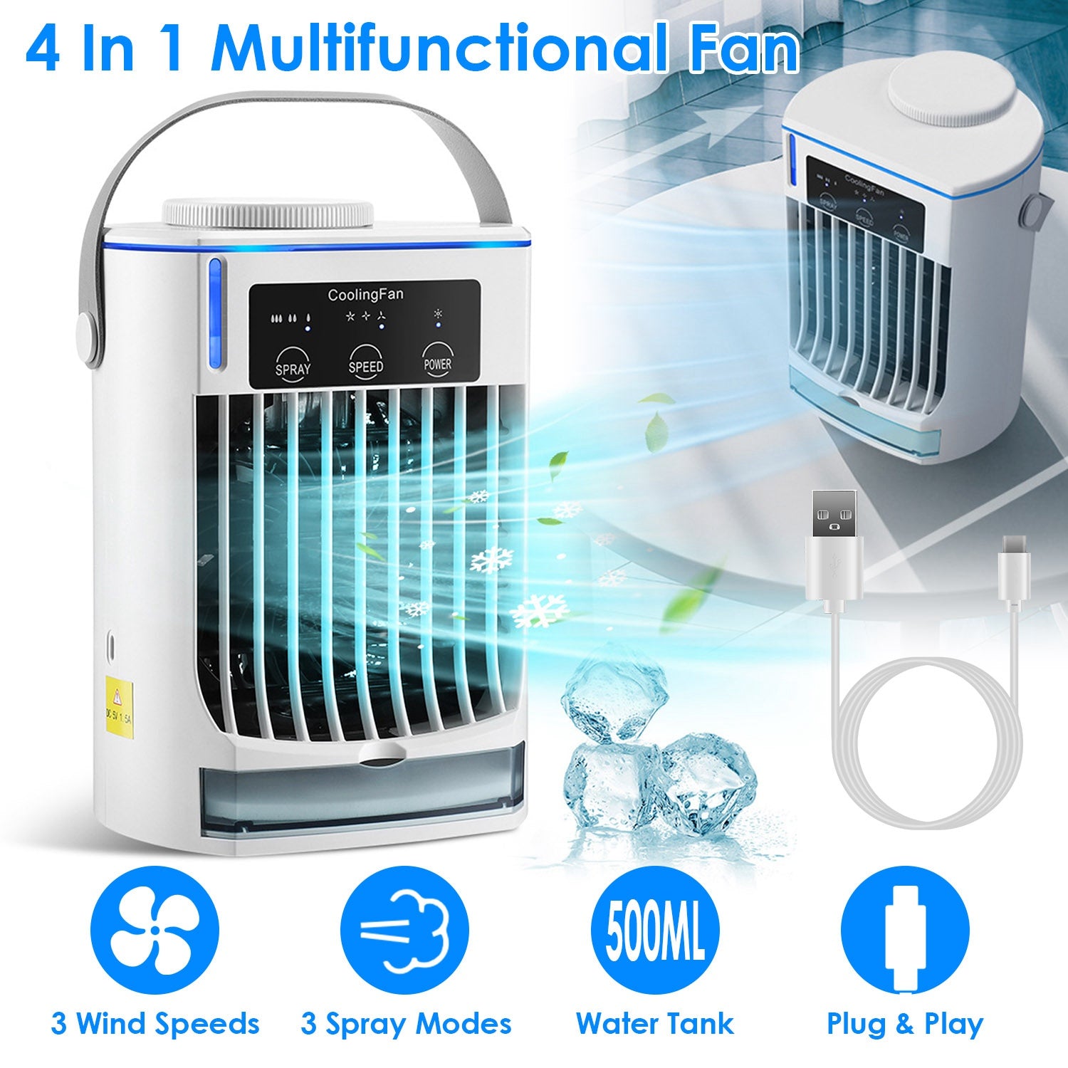 Portable Air Conditioner Fan Evaporative Humidifier 3 Speed Spray Personal Cold Mist Air Cooler Desk Table Fan Water Tank Night Light Adjustable Angel Room Home Office Rusoft Innovation