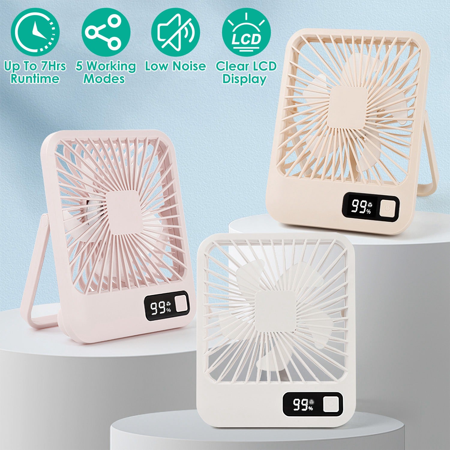 3 Colors Options -- 1Pc Mini Desktop Cooling Fan Rechargeable Battery Powered Personal Fan Speed Adjustment Strong Airflow Quiet Travel Fan With LCD Display For Home Office Travel Rusoft Innovation