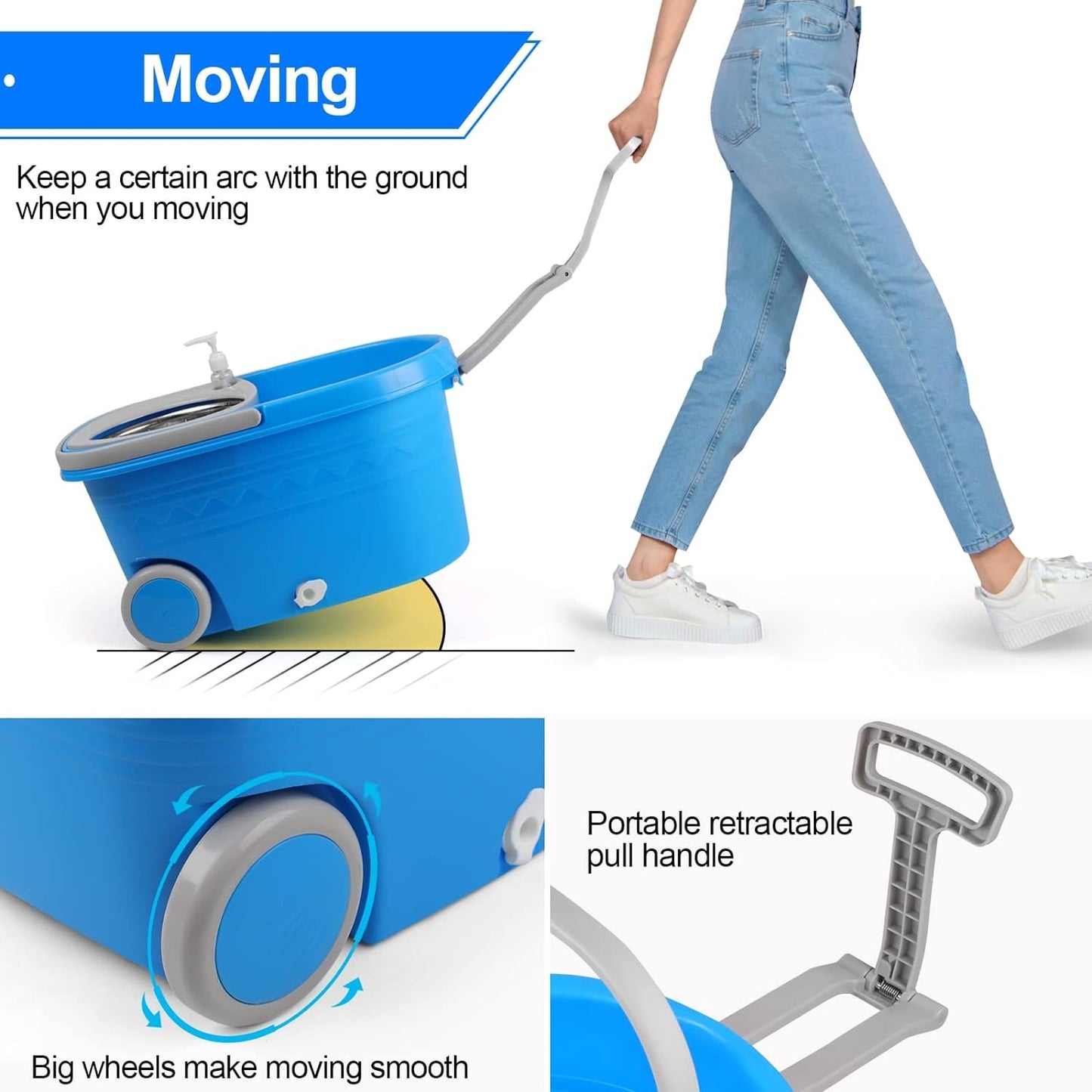 Spin Mop And Bucket With Wringer Set On Wheels, 360 Spinning Mop With Stainless Steel Handle For All Hard Surfaces, Floor Cleaning System With 3 Microfiber Replacement Heads Rusoft Innovation