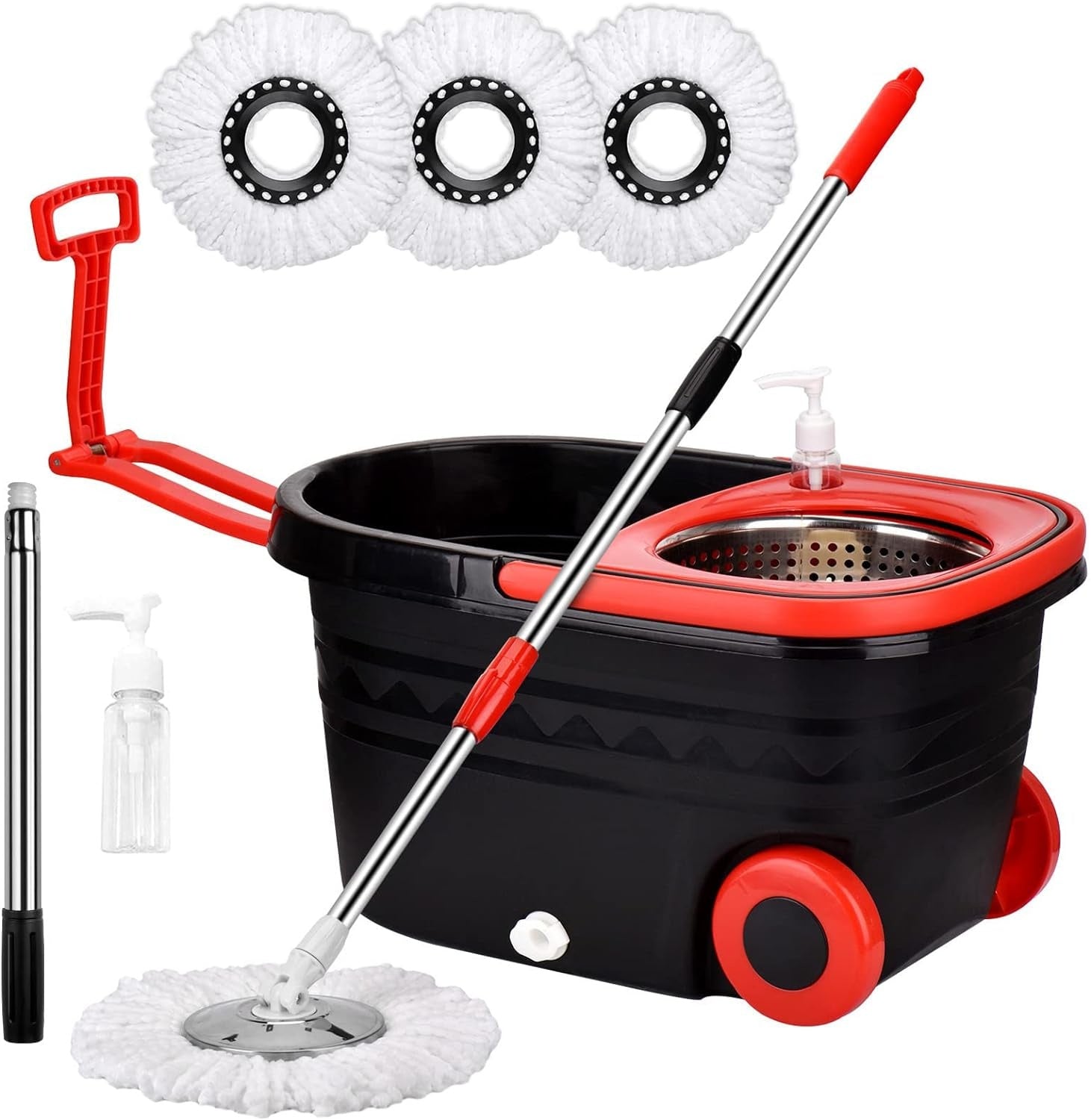 Spin Mop And Bucket With Wringer Set On Wheels, 360 Spinning Mop With Stainless Steel Handle For All Hard Surfaces, Floor Cleaning System With 3 Microfiber Replacement Heads Rusoft Innovation