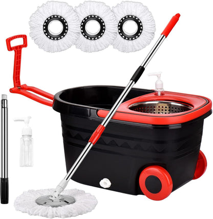 Spin Mop And Bucket With Wringer Set On Wheels, 360 Spinning Mop With Stainless Steel Handle For All Hard Surfaces, Floor Cleaning System With 3 Microfiber Replacement Heads Rusoft Innovation