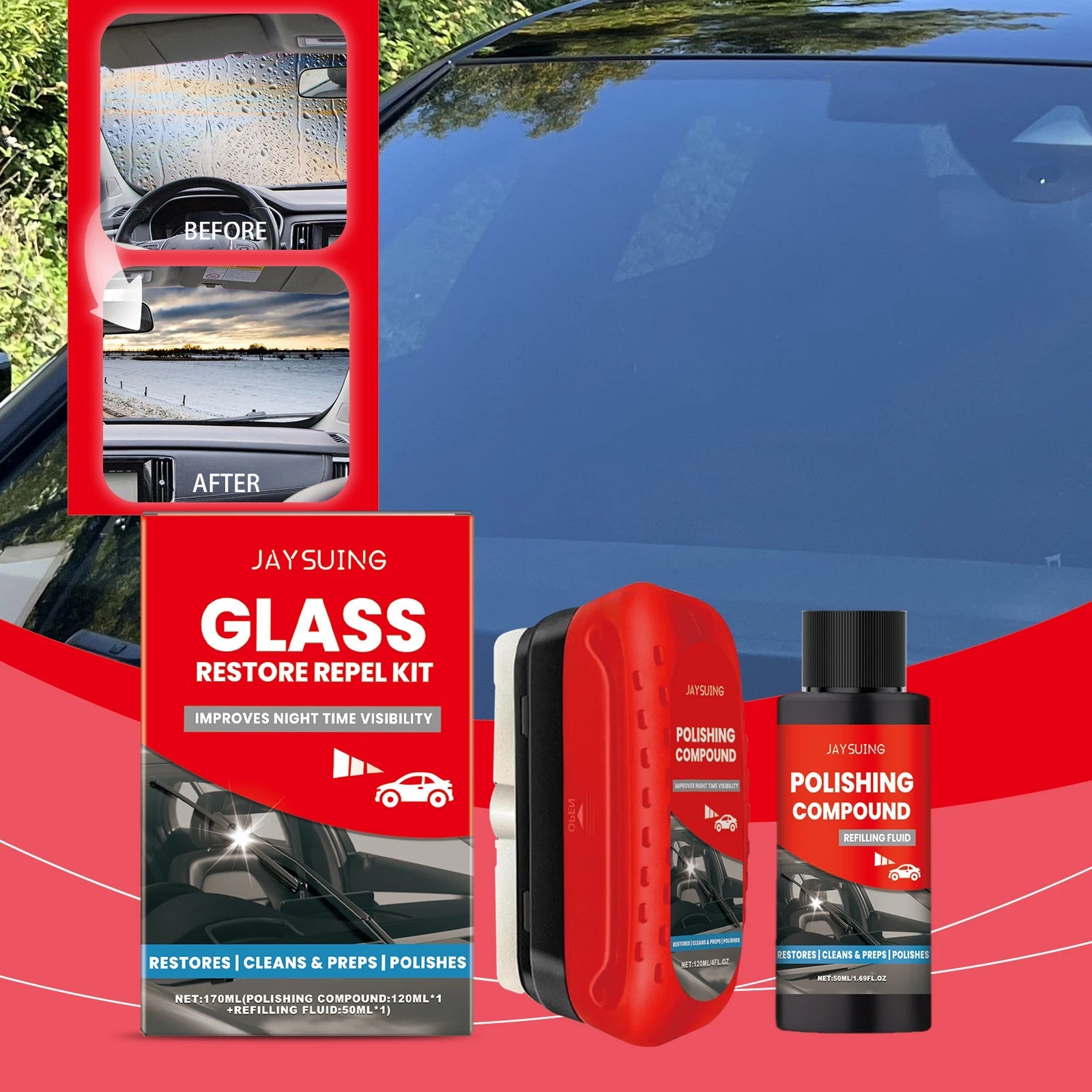 Professional Car Windshield Glass Polishing Kit – Elimina Manchas, Rayones y Marcas de Agua, Restaura Claridad y Protección  Rusoft Innovation