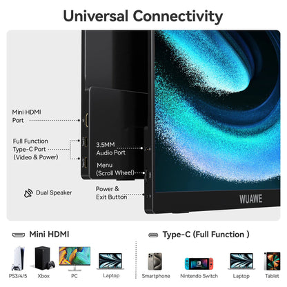 Monitor Portátil HDRinch 2024 de 15.6" Full HD 1080p – Pantalla Externa con USB-C y HDMI, 100% sRGB, Ideal para Laptop, Viajes, Gaming y Oficina  Rusoft Innovation