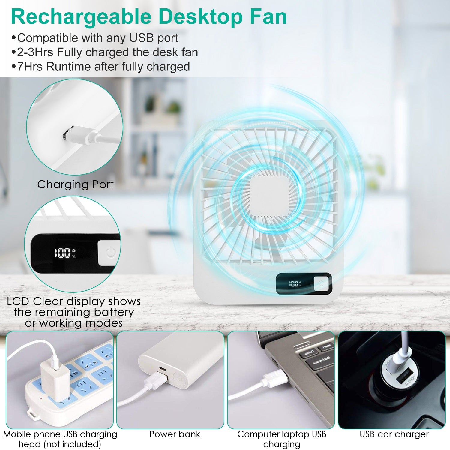 3 Colors Options -- 1Pc Mini Desktop Cooling Fan Rechargeable Battery Powered Personal Fan Speed Adjustment Strong Airflow Quiet Travel Fan With LCD Display For Home Office Travel Rusoft Innovation