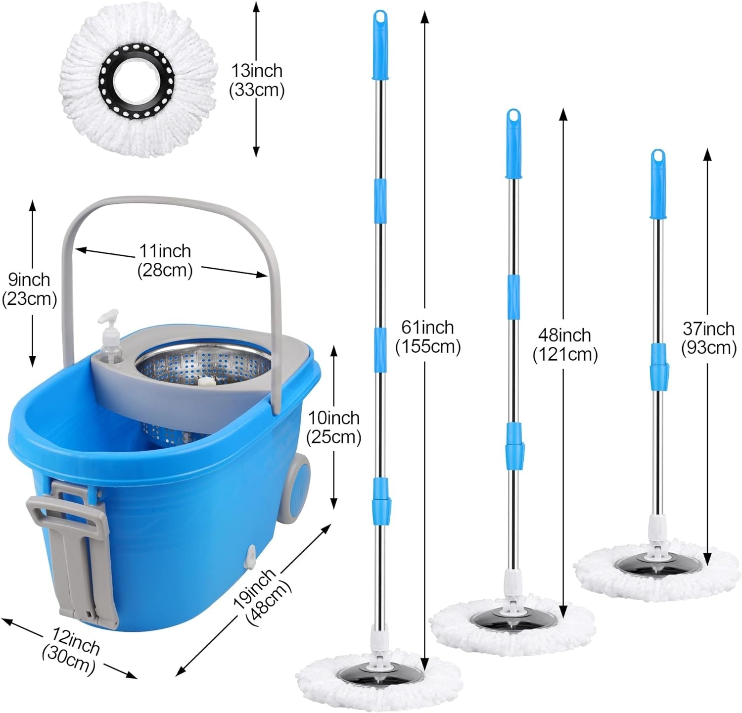 Spin Mop And Bucket With Wringer Set On Wheels, 360 Spinning Mop With Stainless Steel Handle For All Hard Surfaces, Floor Cleaning System With 3 Microfiber Replacement Heads Rusoft Innovation