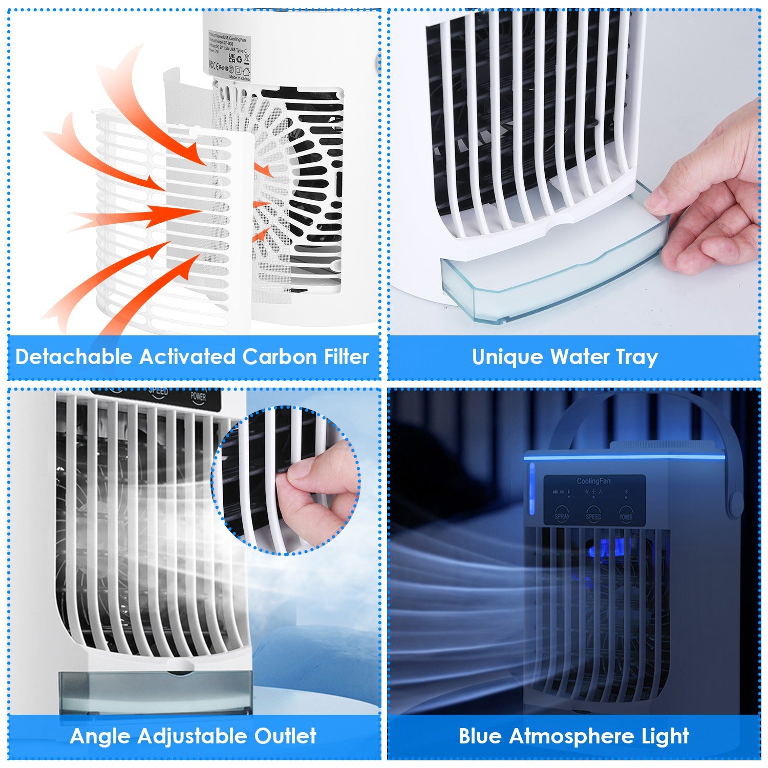 Portable Air Conditioner Fan Evaporative Humidifier 3 Speed Spray Personal Cold Mist Air Cooler Desk Table Fan Water Tank Night Light Adjustable Angel Room Home Office Rusoft Innovation