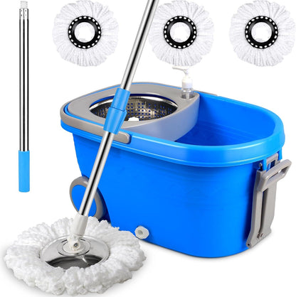 Spin Mop And Bucket With Wringer Set On Wheels, 360 Spinning Mop With Stainless Steel Handle For All Hard Surfaces, Floor Cleaning System With 3 Microfiber Replacement Heads Rusoft Innovation
