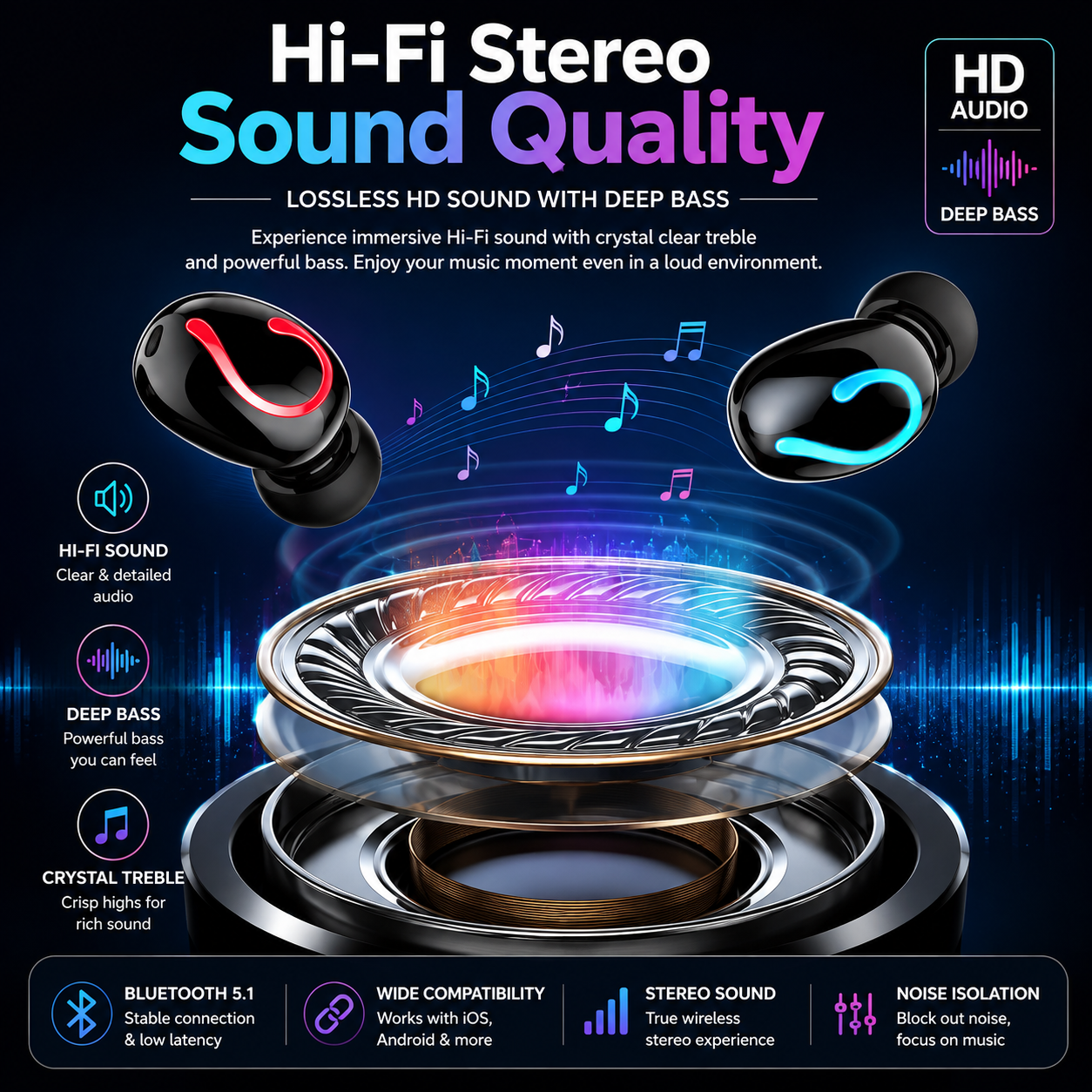 Wireless Bluetooth 5.1 Earbuds I TWS Mini Stereo Headphones with IPX7 Waterproof & HD Sound Rusoft Innovation