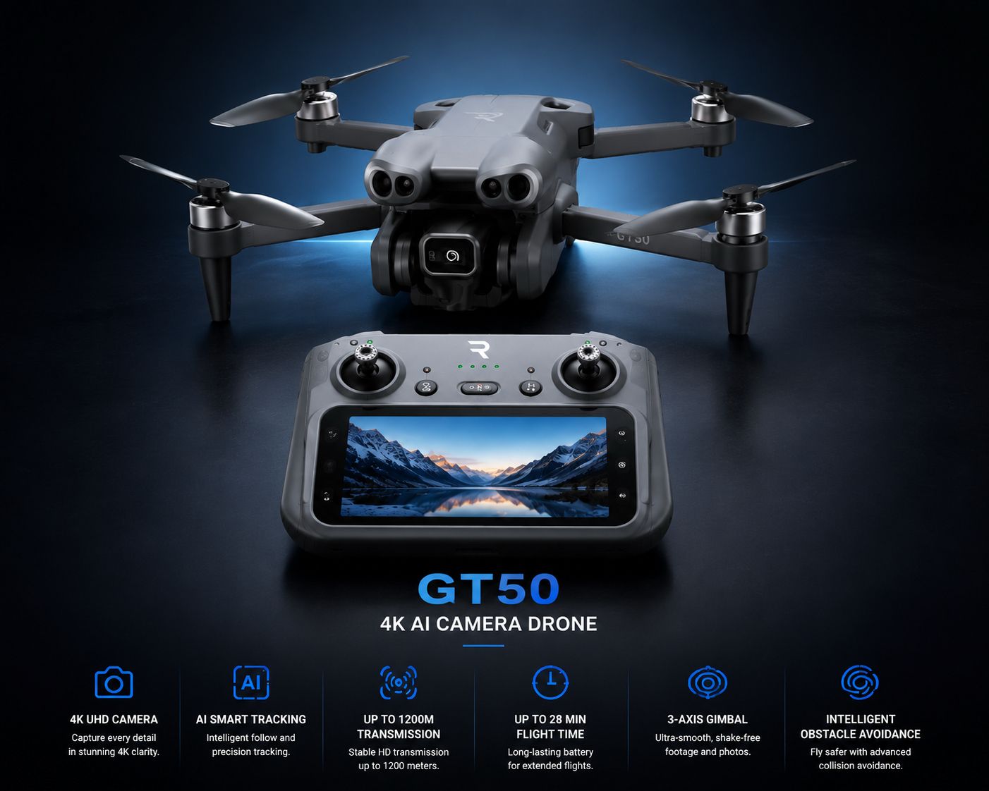 GT50 4K AI Camera Drone with HD Screen Controller Rusoft Innovation